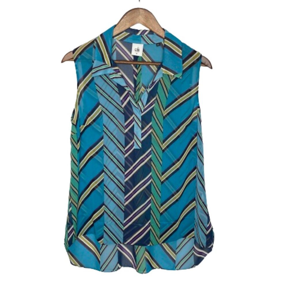 Cabi Womens Ascot Sheer Blouse Top Size‎ M Blue Chevron Geometric Sleeveless